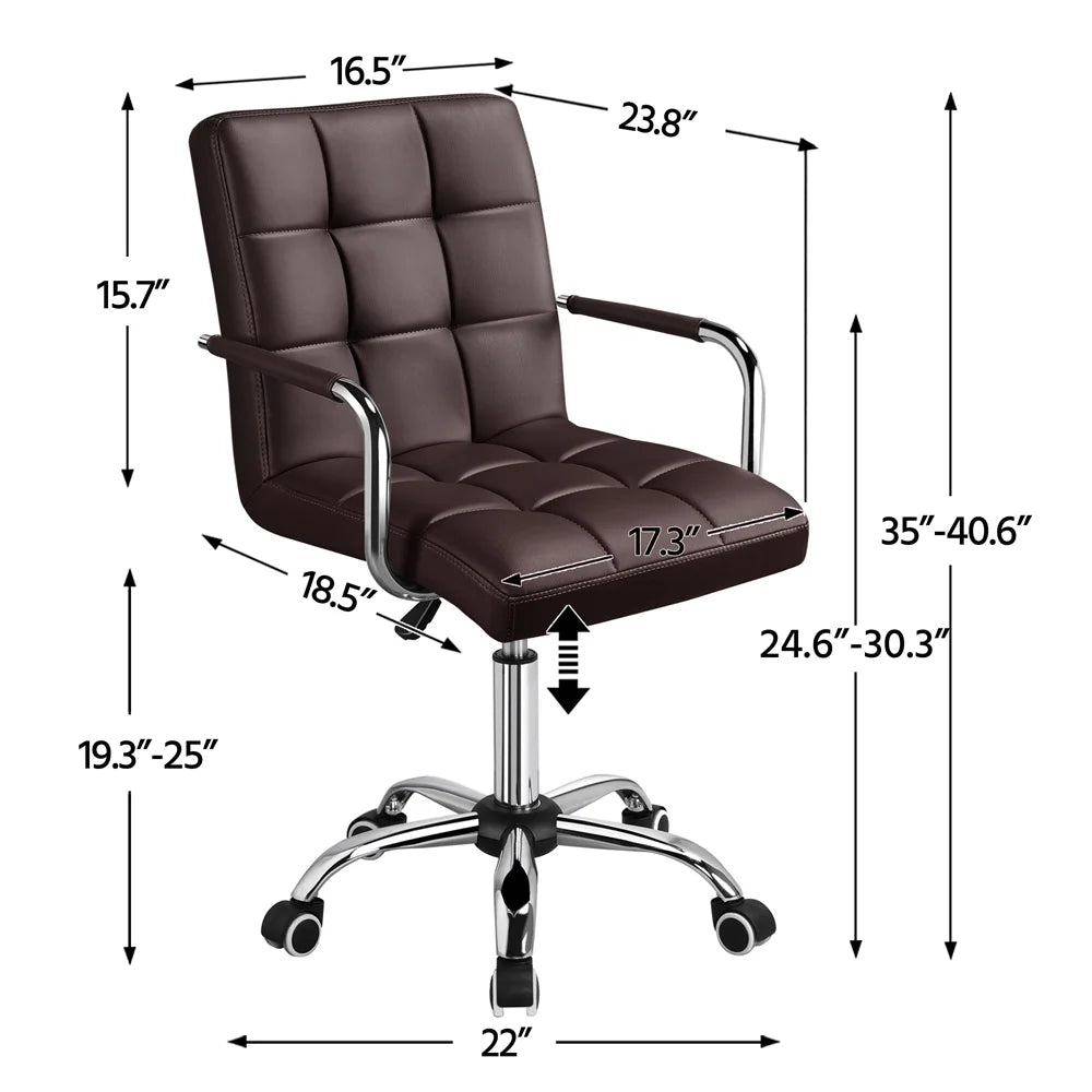 Dark brown faux leather mid-back Ergo office chair with padded seat dimensions, contoured back, chrome arms, and five-star base.