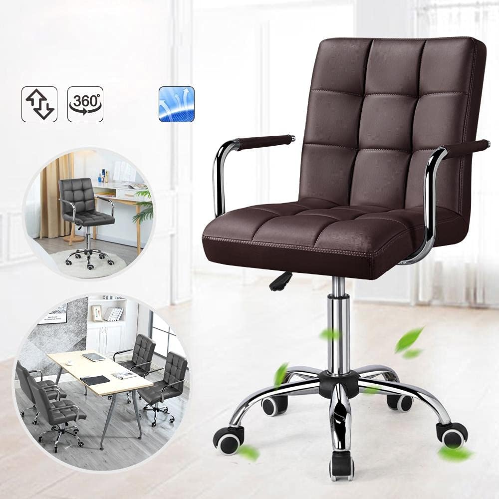 Dark brown faux leather mid-back ergonomic office chair Ergo with plush padding and contoured back.