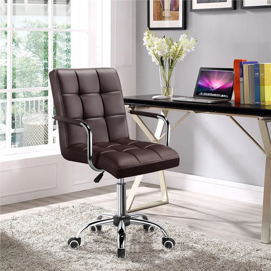Dark brown faux leather mid-back ergonomic office chair with chrome arms and five-caster base.