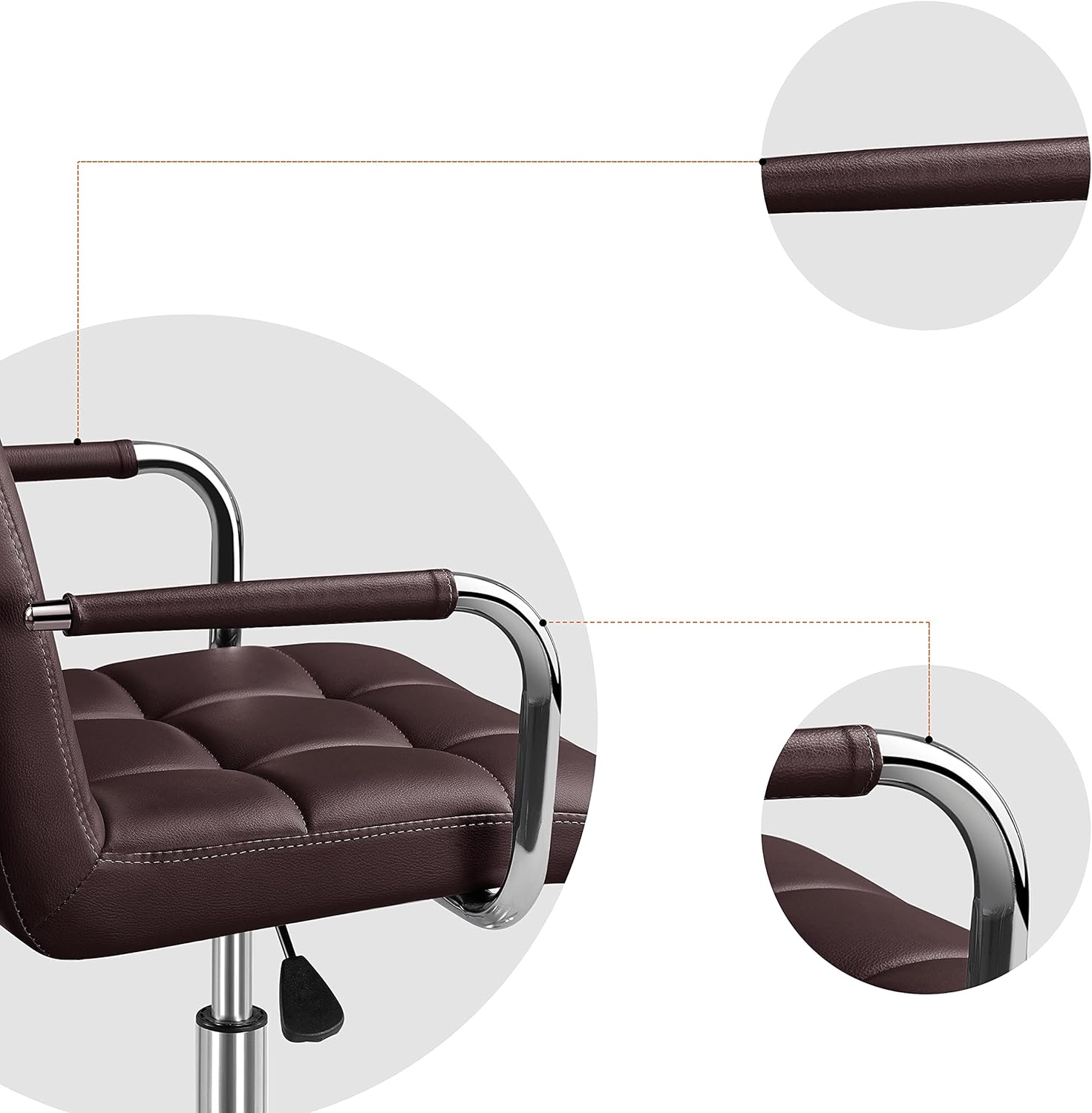 Dark brown faux leather mid-back ergonomic office chair with tufted cushion and chrome armrests.