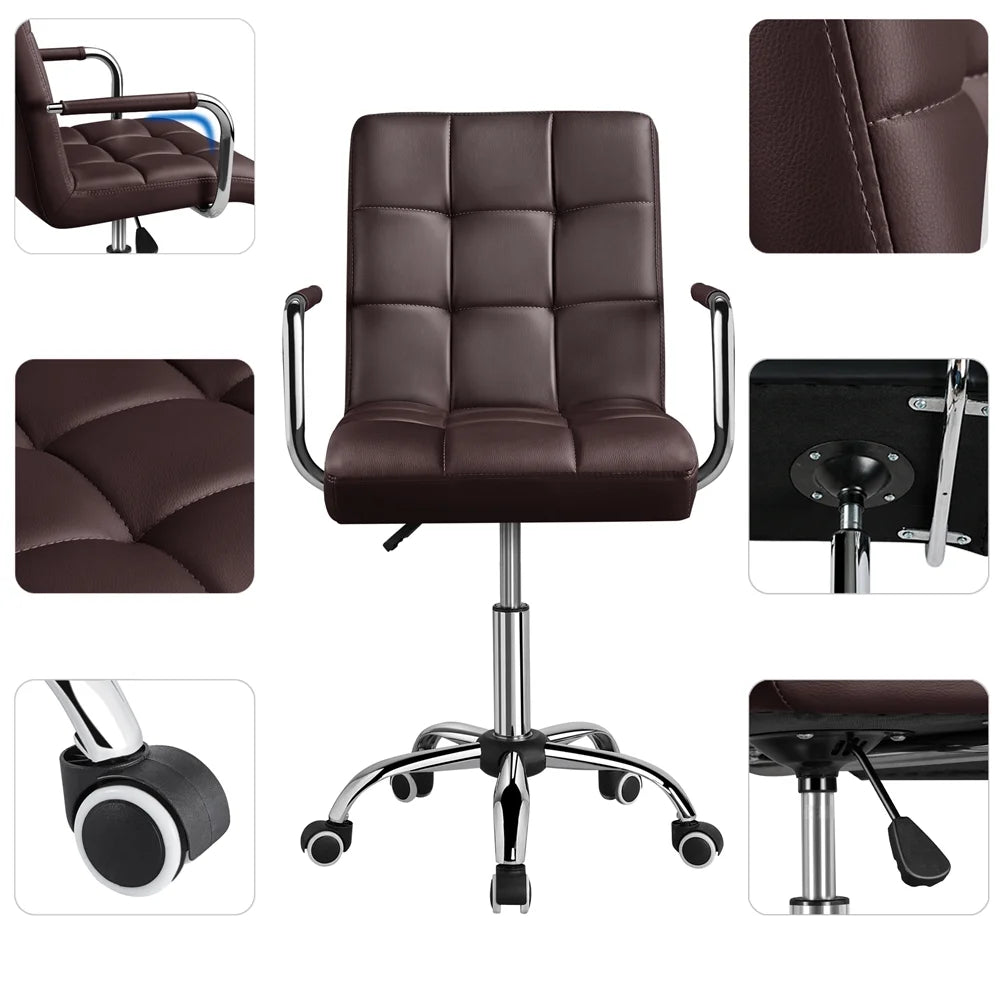 Dark brown faux leather mid-back ergonomic office chair with tufted padding, contoured back, chrome arms, wheeled base.