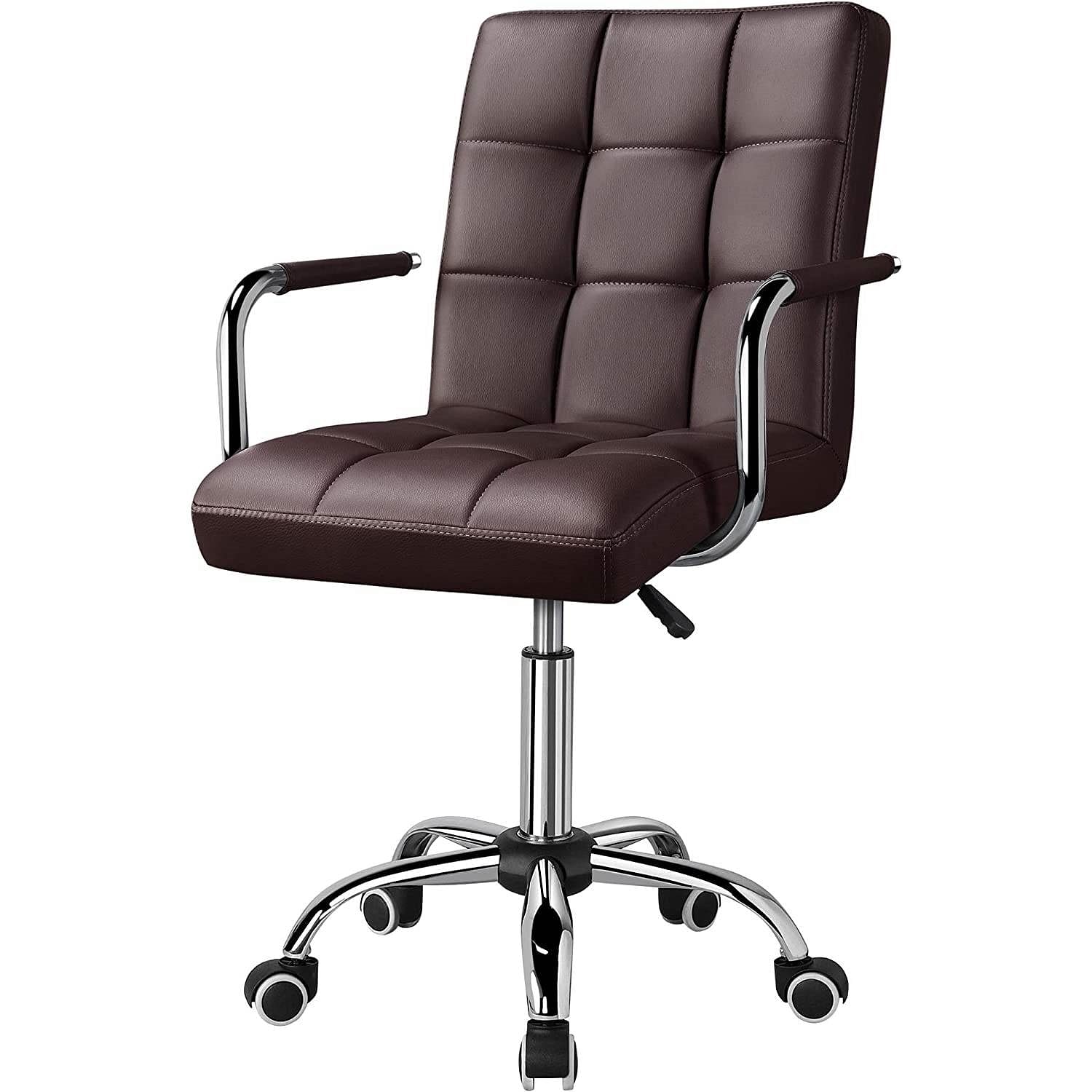 Dark brown faux leather mid-back office chair Ergo with plush padding and ergonomic support on a chrome base.