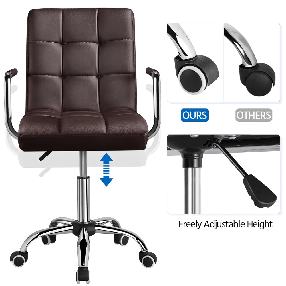 Dark brown faux leather mid-back office chair with plush padding and contoured back, chrome base, adjustable height.