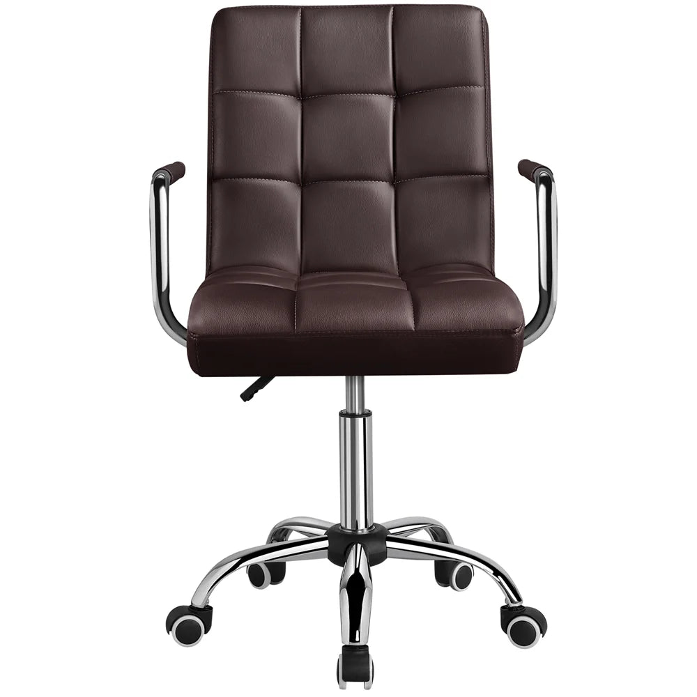 Dark brown faux leather mid-back office chair with tufted cushioning, chrome arms, and wheeled base.