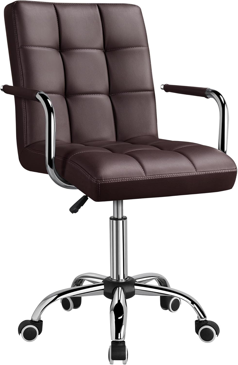 Dark brown faux leather mid-back office chair with tufted cushions, chrome arms and base, ergonomic padding.