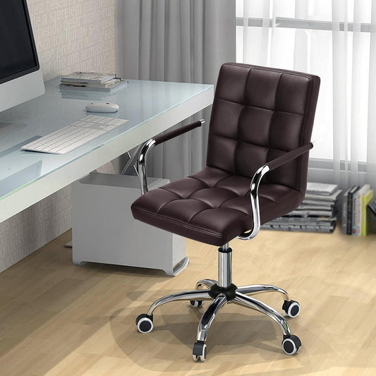 Dark brown modern faux leather mid-back ergonomic office chair with chrome arms and base.