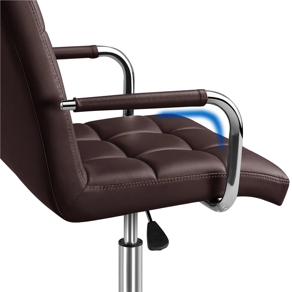 Dark brown modern faux leather mid-back ergonomic office chair with plush tufted seat and chrome arms.