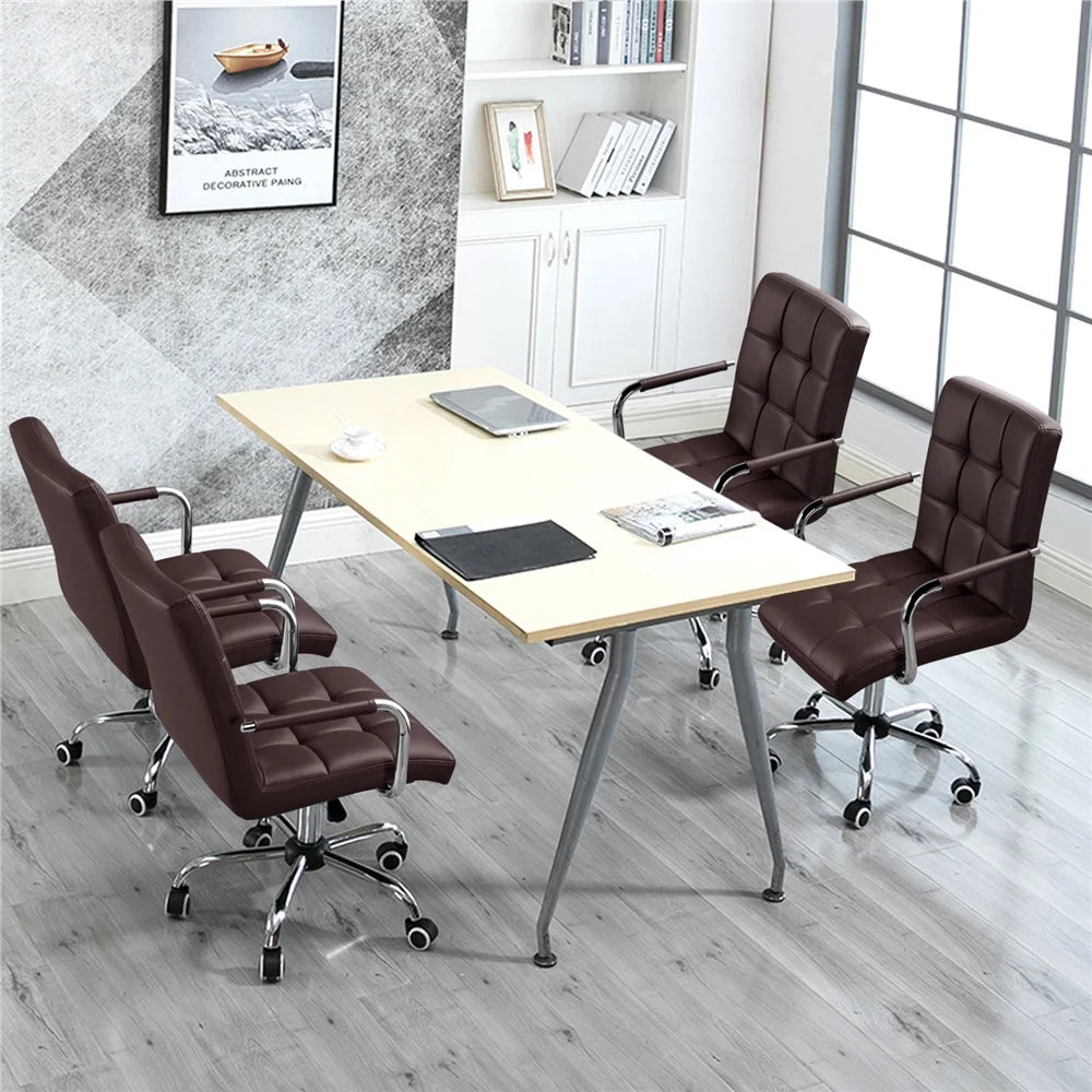 Dark brown modern faux leather mid-back ergonomic office chairs around a light wood conference table.