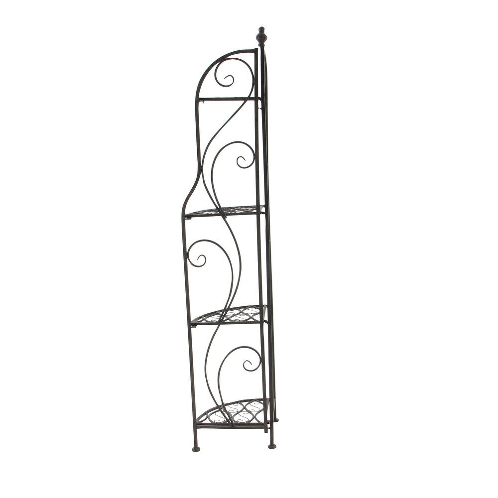 Decorative metal corner shelf with intricate designs on a white background