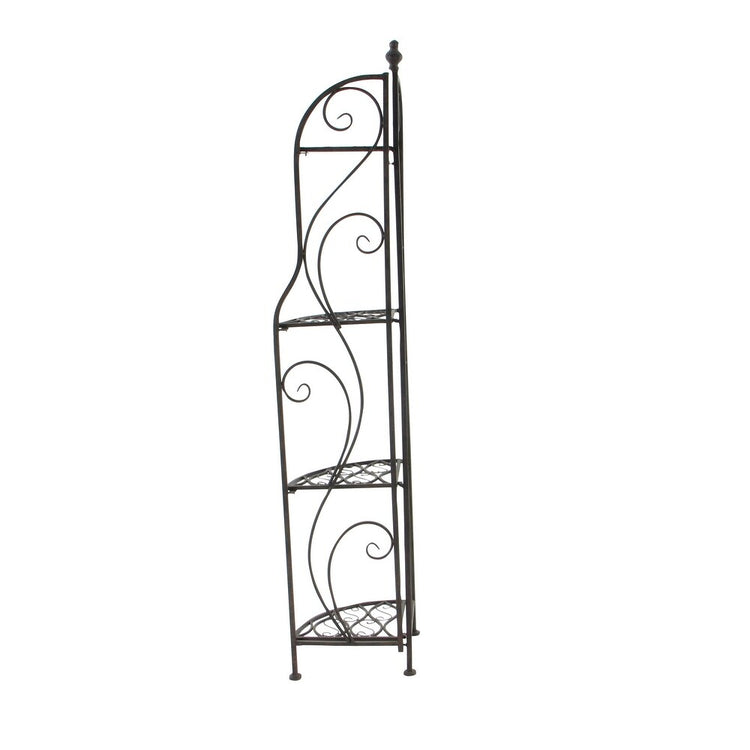 Decorative metal corner shelf with intricate designs on a white background