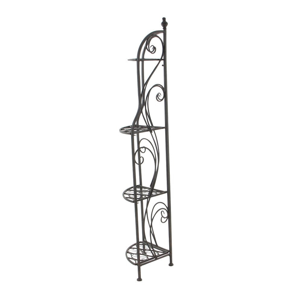 Decorative metal shelf with intricate designs on a white background