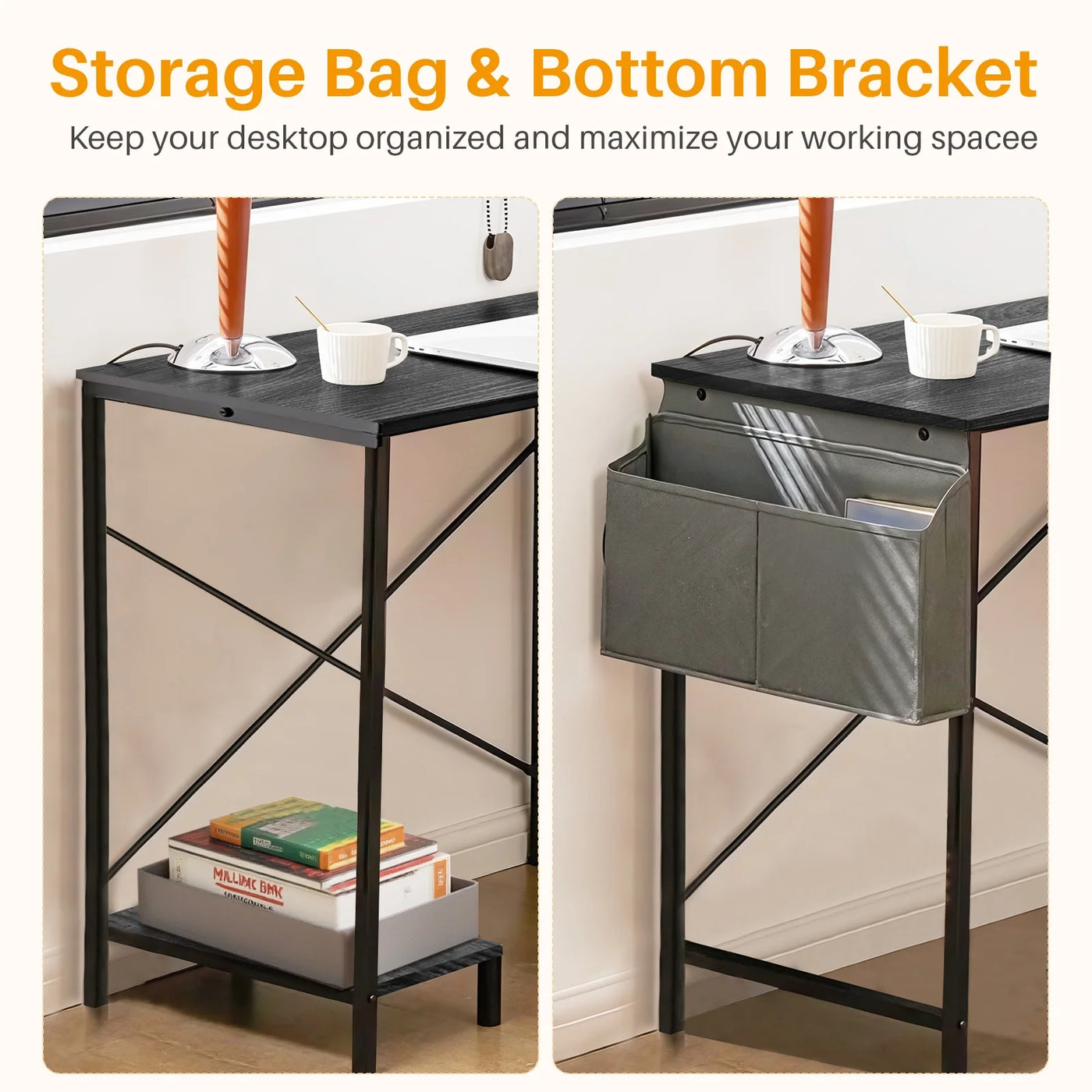Desk with storage bag and bottom bracket for organization