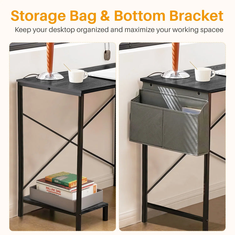 Desk with storage bag and bottom bracket for organization