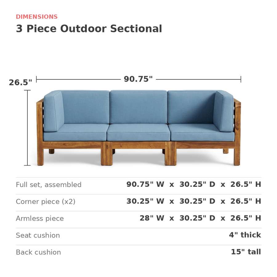 Dimensions of the 3 piece outdoor sectional: 90.75 in. wide, 30.25 in. deep, 26.5 in. high