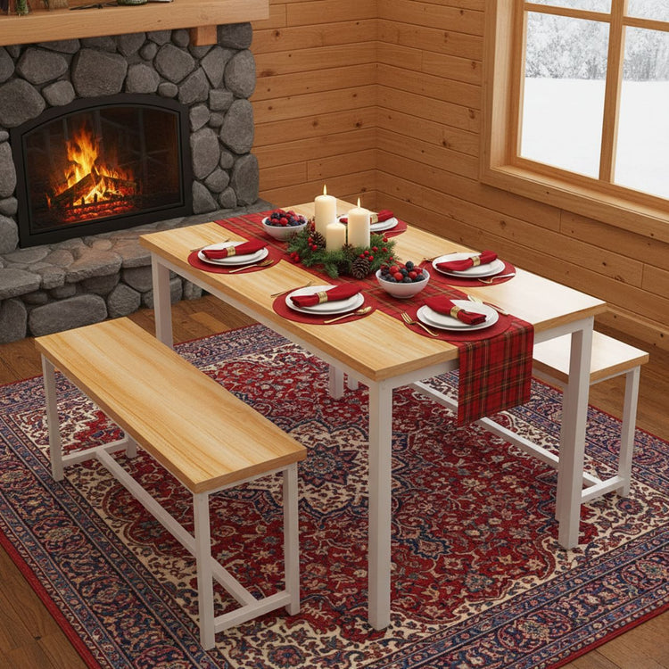 Dining Table Set Gold White Benches Compact with light wood top and white legs in a cabin dining scene.