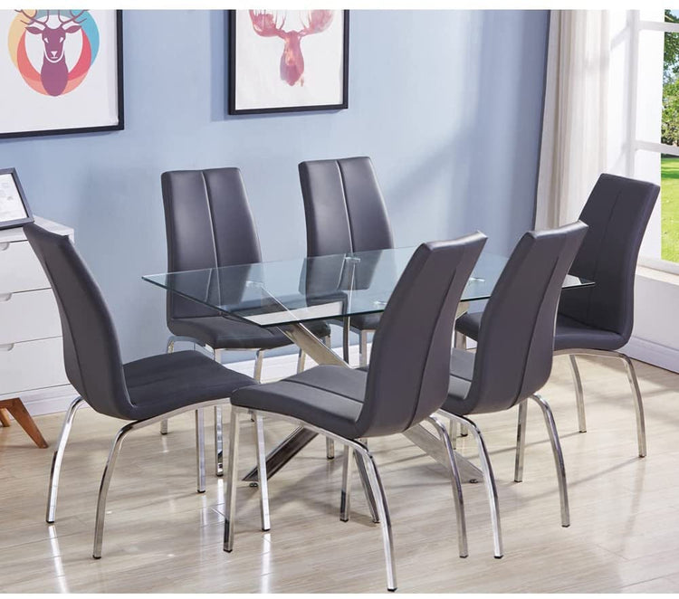 Dining room setup with a glass table and six gray chairs against a light blue wall.