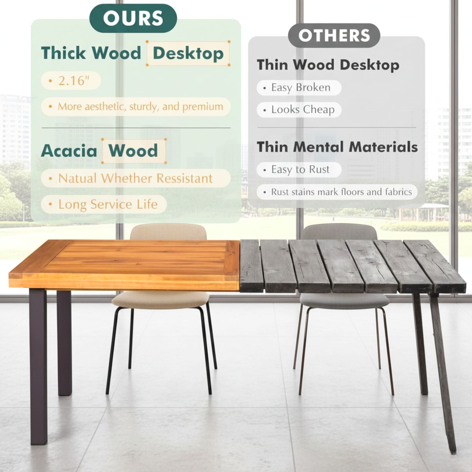 Dining table for 6 in acacia wood with iron legs, two-tone design: warm wood left, weathered planks right.