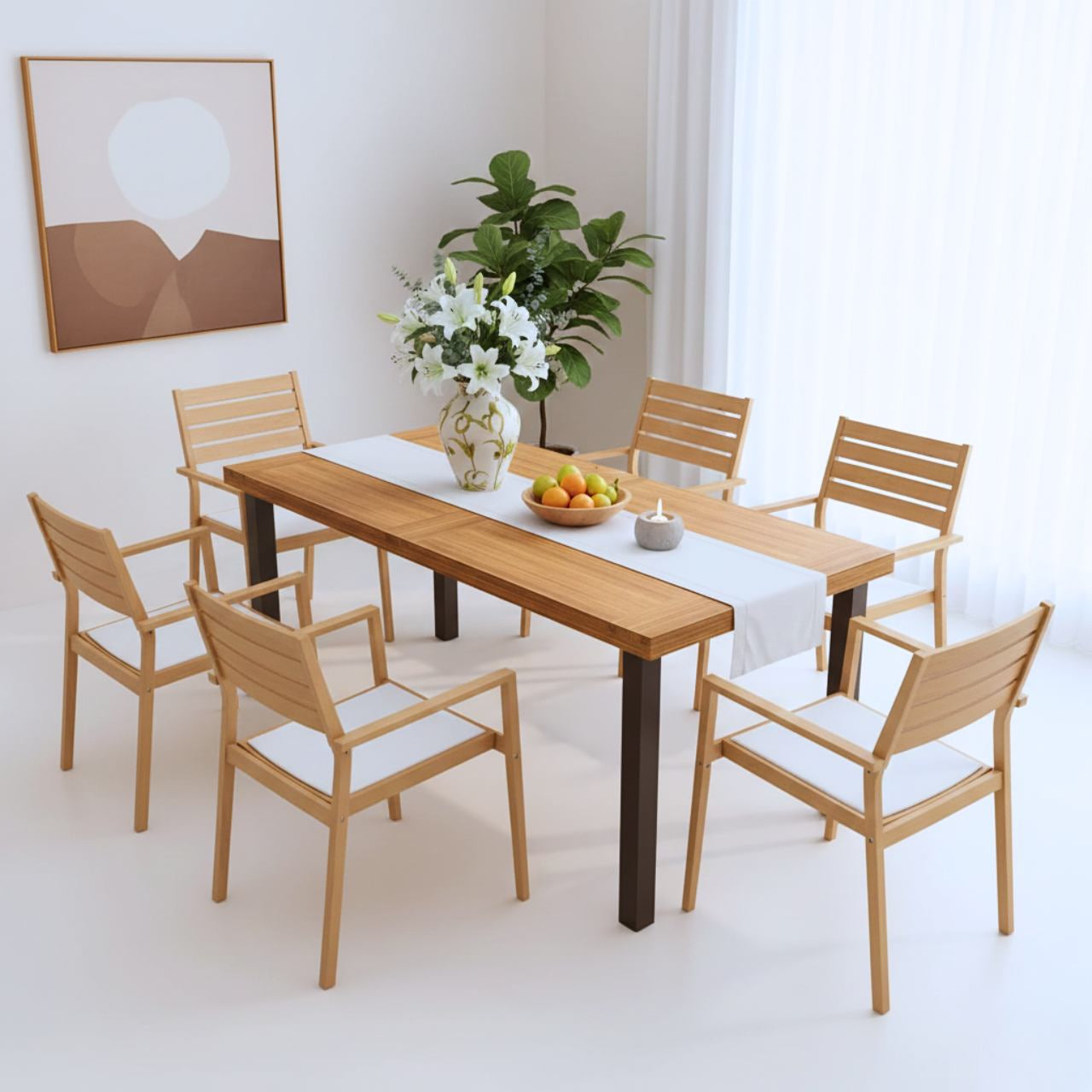 Dining table for 6 in acacia wood with iron legs, paired with six wooden chairs.