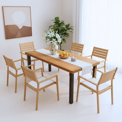 Dining table for 6 in acacia wood with iron legs, paired with six wooden chairs.