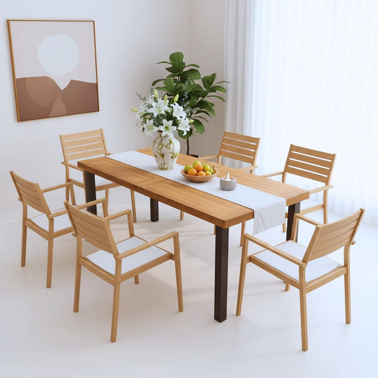 Dining table for 6 in acacia wood with iron legs, paired with six wooden chairs.