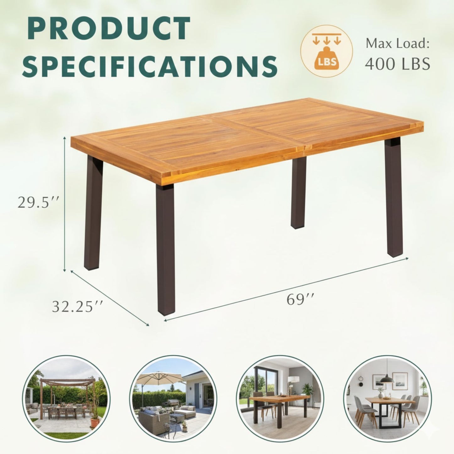 Dining table for 6: acacia wood top with iron legs, indoor/outdoor, 69in L x 32.25in W x 29.5in H.