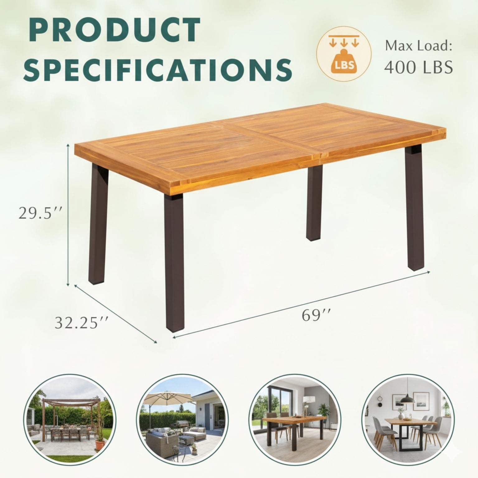 Dining table for 6: acacia wood top with iron legs, indoor/outdoor, 69in L x 32.25in W x 29.5in H.