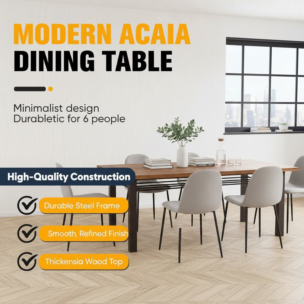 Dining table for 6 with acacia wood top and iron legs features