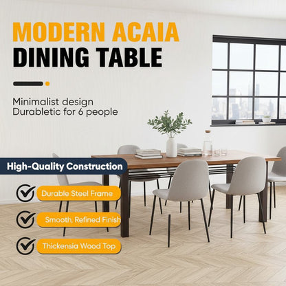 Dining table for 6 with acacia wood top and iron legs features (feature callout)