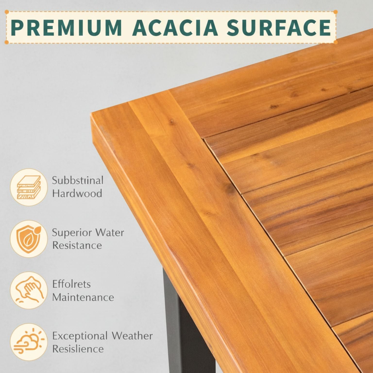 Dining table for 6 with acacia wood top and iron legs for indoor-outdoor durability.