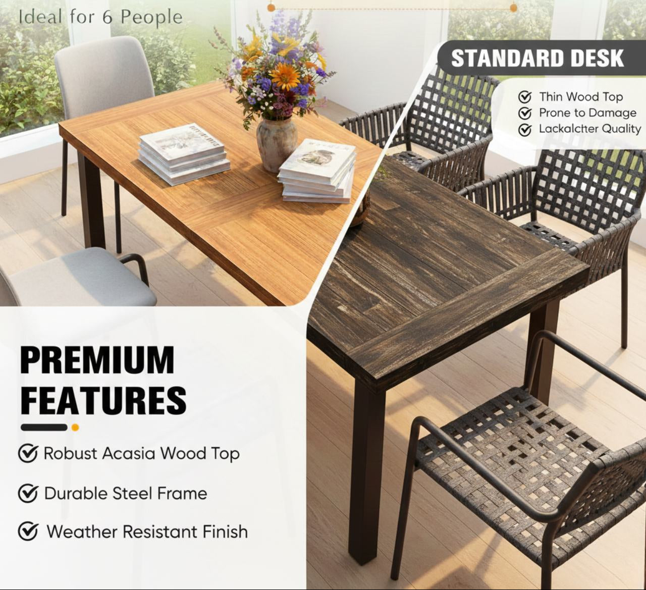 Dining table for 6 with acacia wood top and iron legs, indoor/outdoor use.