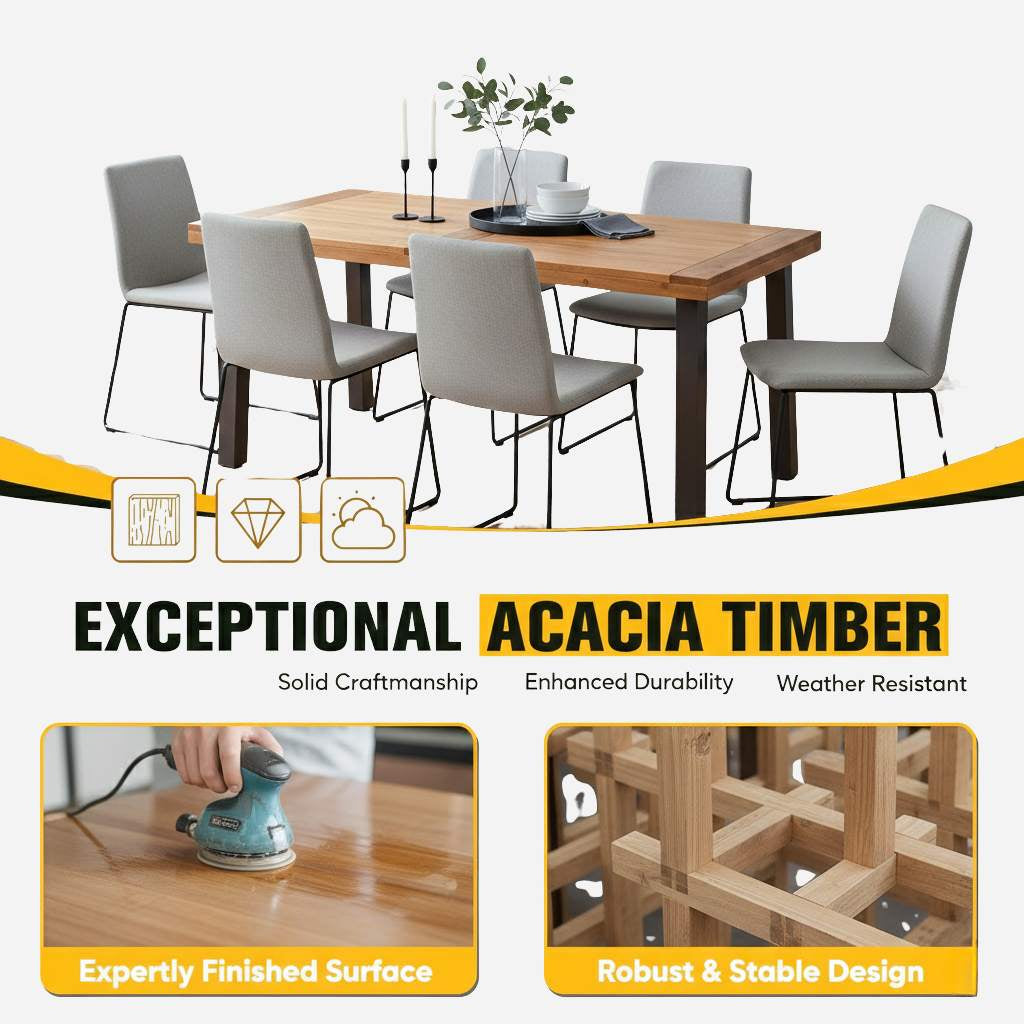 Dining table for six in acacia wood with iron legs for indoor and outdoor use