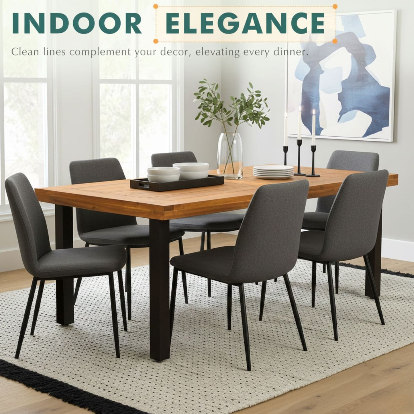 Dining table for six in acacia wood with iron legs, indoor/outdoor use, paired with gray upholstered chairs.