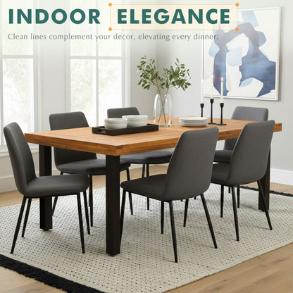 Dining table for six in acacia wood with iron legs, indoor/outdoor use, paired with gray upholstered chairs (feature callout)