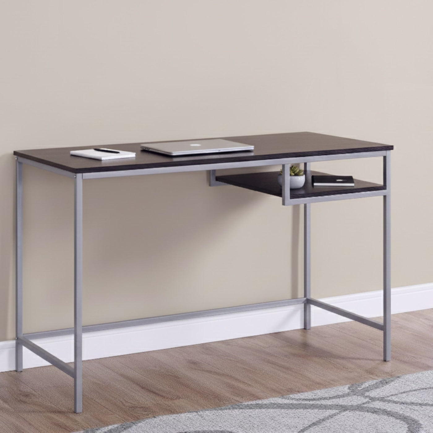 Durable 30-inch white MDF and white metal computer desk with a recessed shelf and space for laptop.