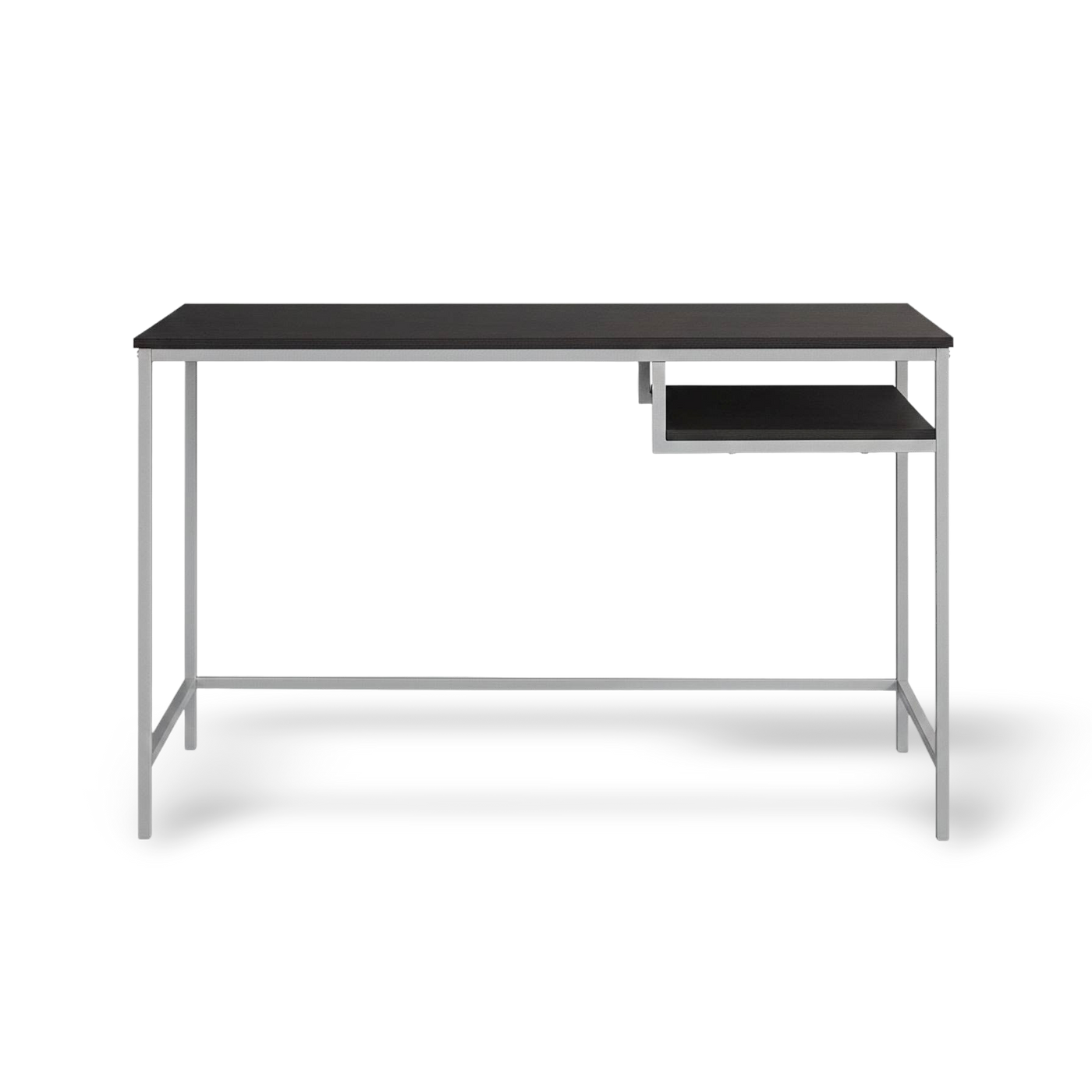 Durable 30-inch white MDF and white metal computer desk with integrated right-side shelf.