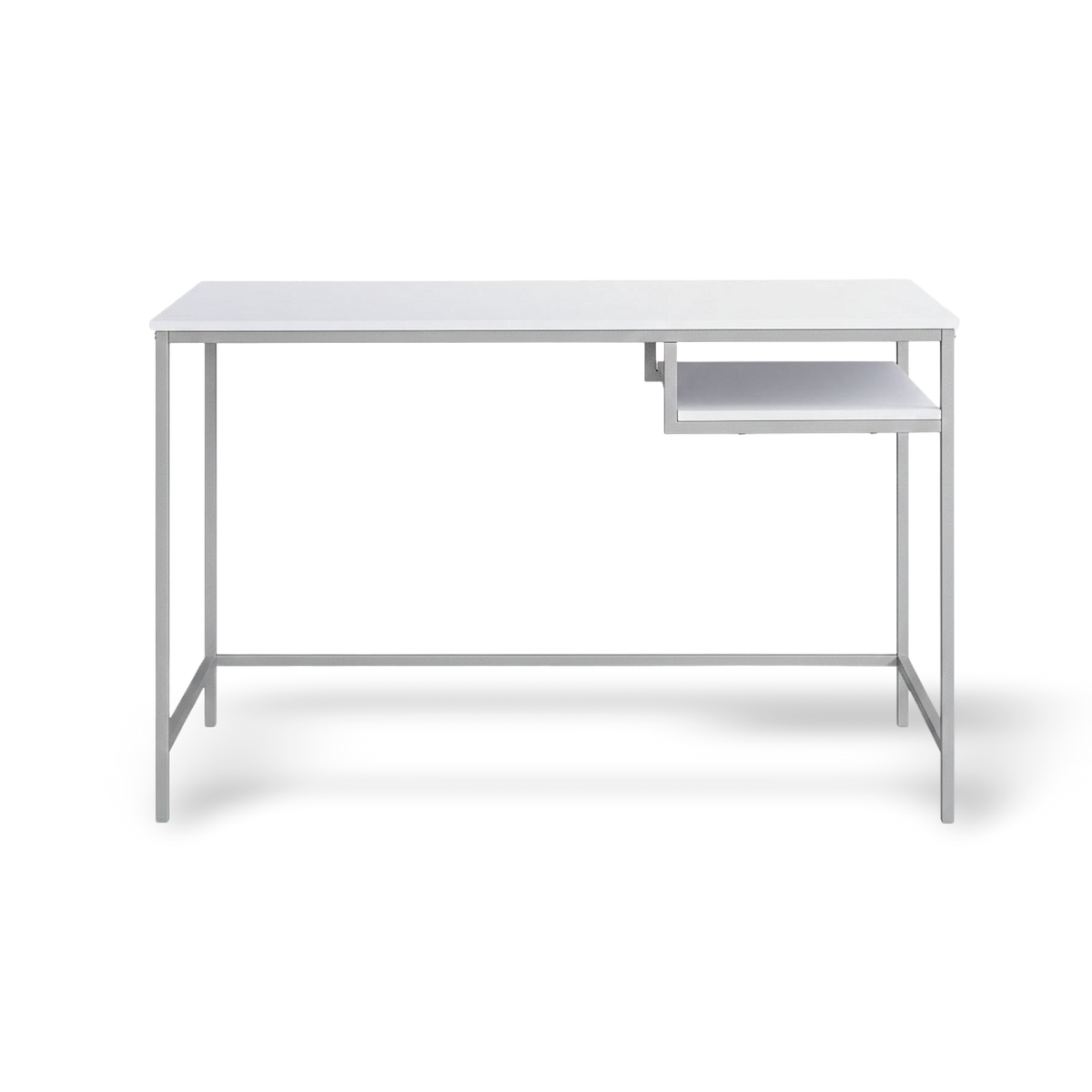 Minimalist white desk with shelf detail on a #f3f3f3 studio background