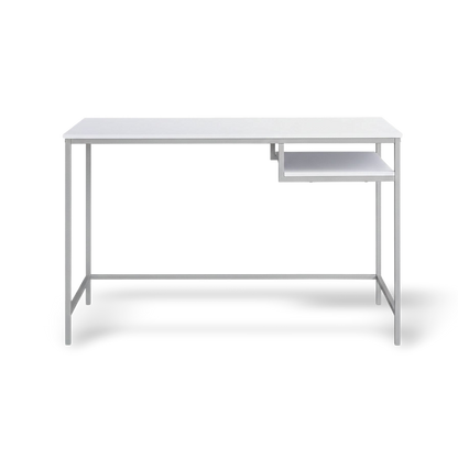 Minimalist white desk with shelf detail on a #f3f3f3 studio background