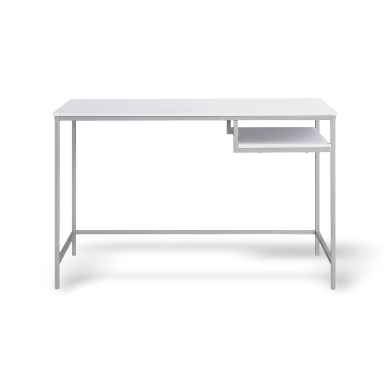 Durable 30-inch white MDF and white metal computer desk with integrated right-side shelf for home office