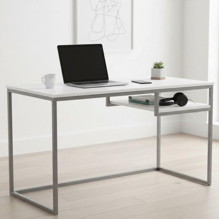 Durable 30-inch white MDF and white metal computer desk with open lower shelf and laptop.