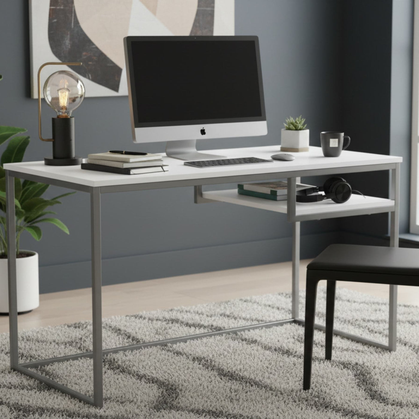 Durable 30-inch white MDF and white metal computer desk with shelf in a modern home office.