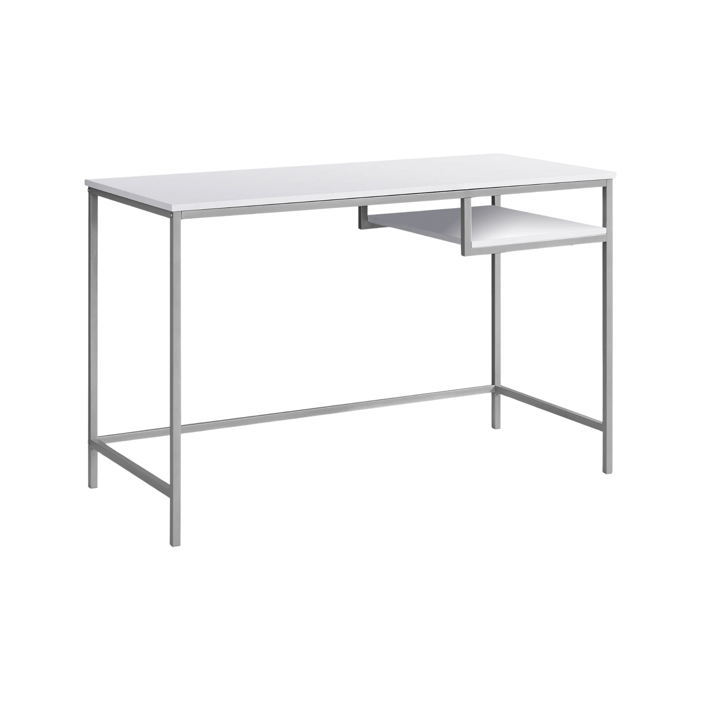 Durable 30-inch white MDF desk with a white metal frame and a right-side open shelf.