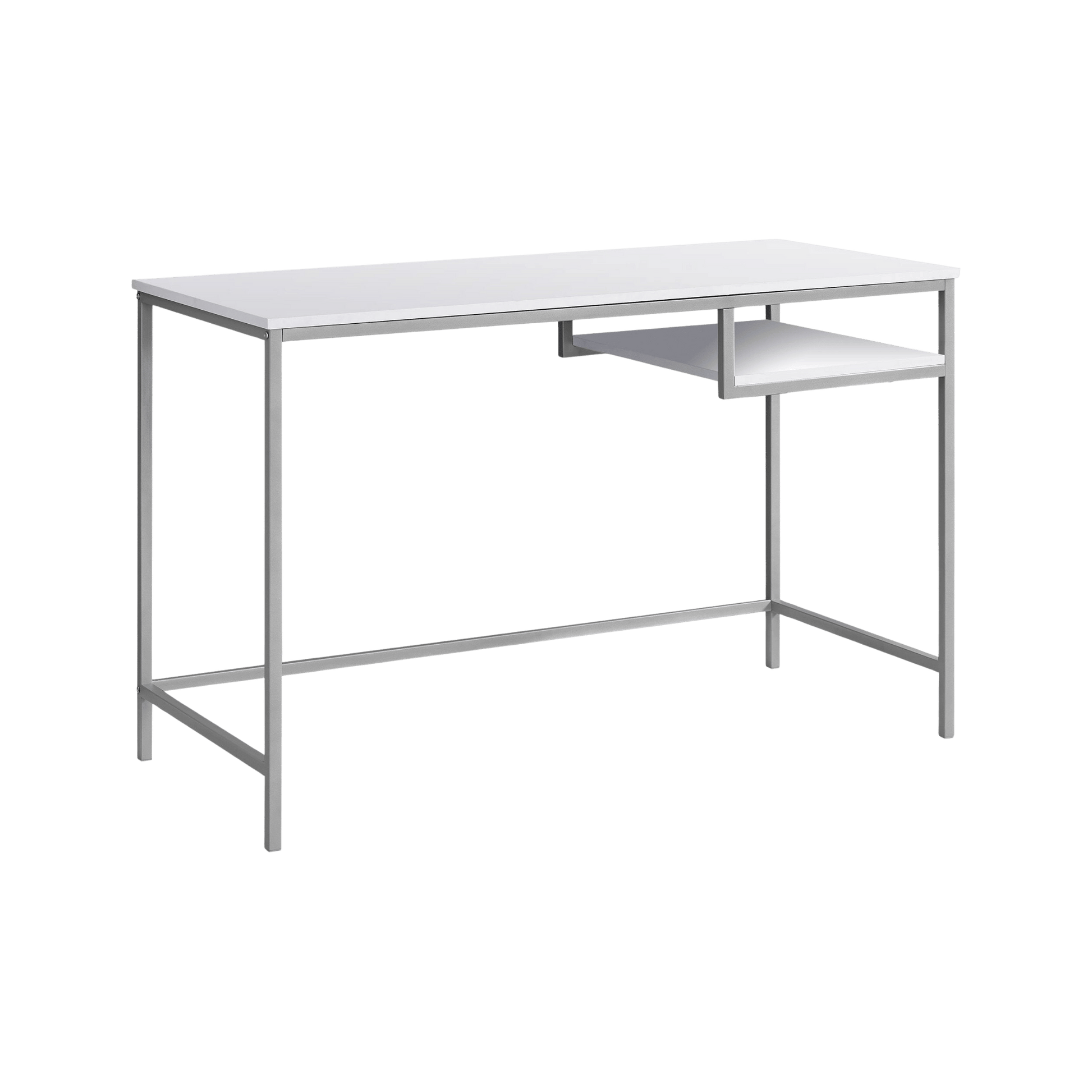 Durable 30-inch white MDF desk with a white metal frame and a right-side open shelf.