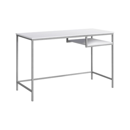 Durable 30-inch white MDF desk with a white metal frame and a right-side open shelf.