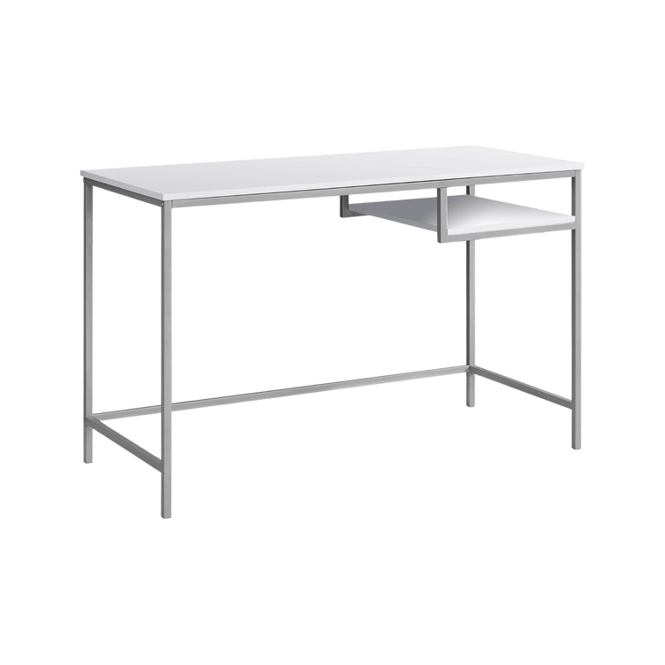 Durable 30-inch white MDF desk with a white metal frame and a right-side open shelf.