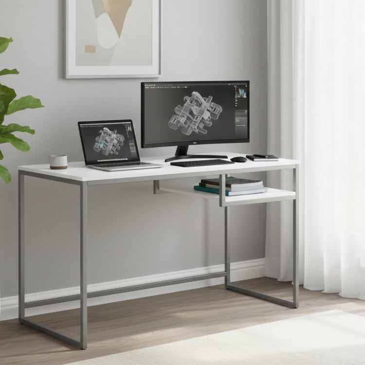 Durable 30inches white MDF and white metal computer desk with side shelf, laptop and monitor setup.