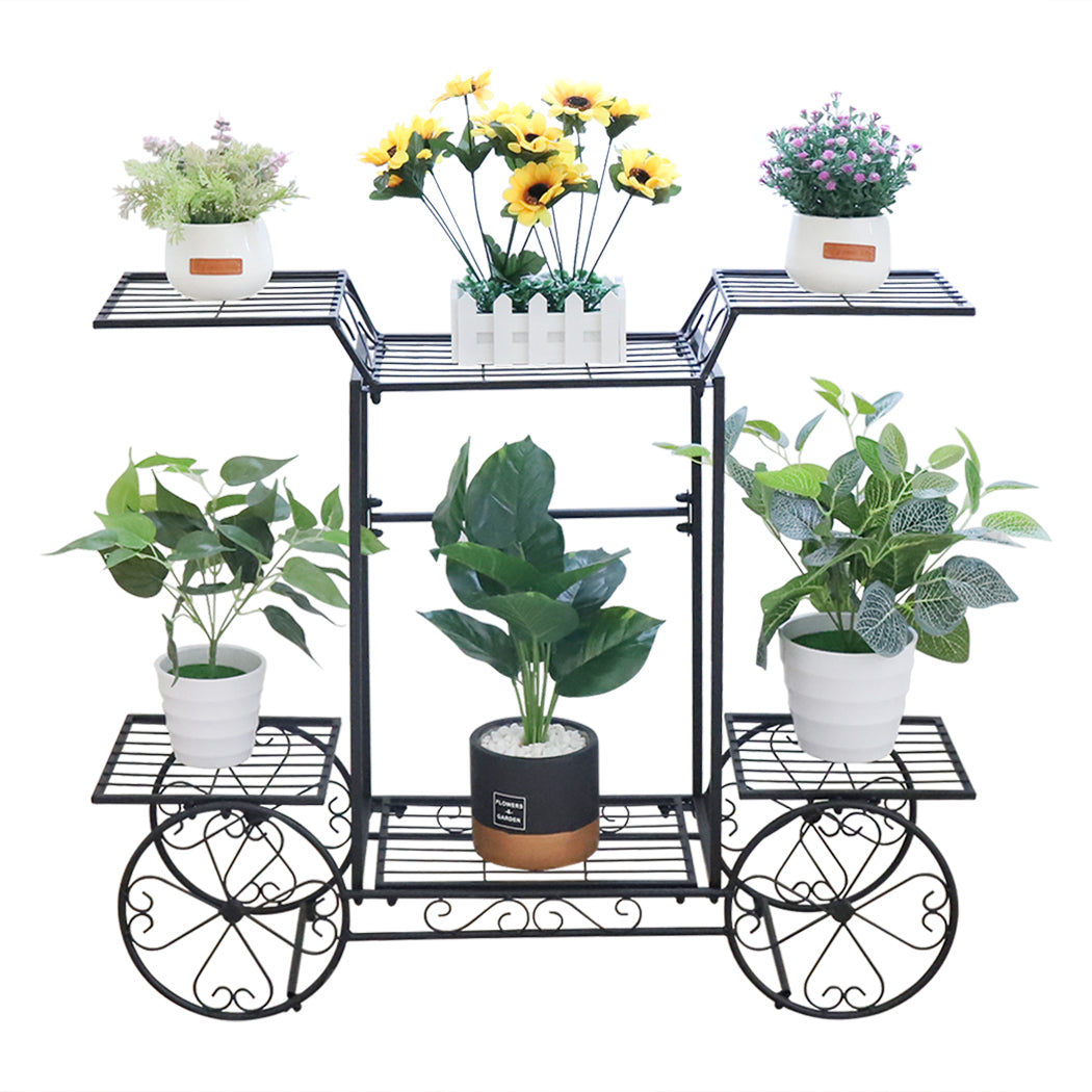 Durable 6-Tier Garden Cart Plant Holder Wrought Iron Stand with assorted potted plants.