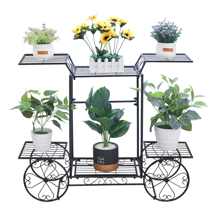 Durable 6-Tier Garden Cart Plant Holder Wrought Iron Stand with assorted potted plants.