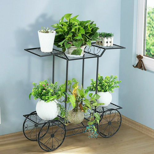 Durable 6-tier wrought-iron garden cart plant stand with wheels displaying potted plants.