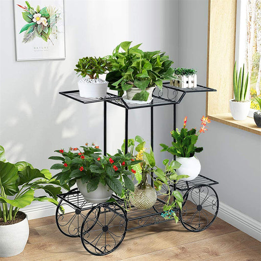 Durable six-tier garden cart plant holder wrought iron stand on wheels with potted plants.
