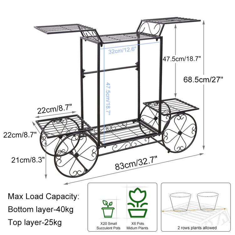 Durable six-tier wrought-iron garden cart plant holder with decorative wheels and multiple plant shelves.